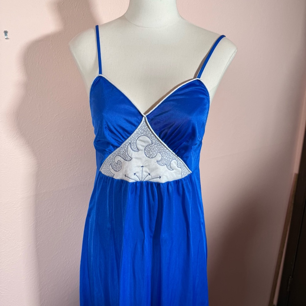 Vintage 1980 Art deco Royal Blue Long Slip Dress Nightgown - Picture 8 of 16
